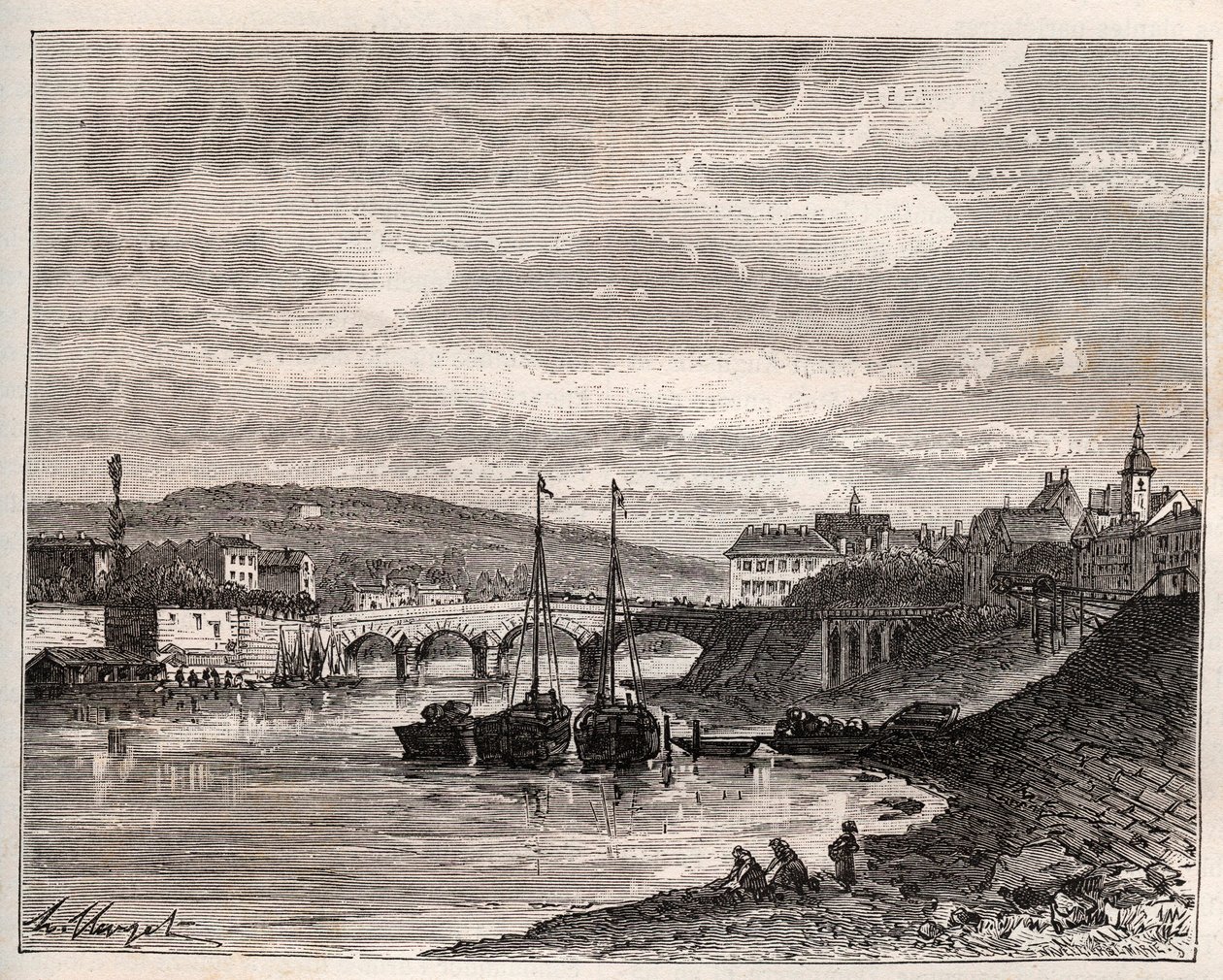 Corbeil Essonnes - kaiverrus V.A. Malt-Brownin kirjaan "La France illustrée: maantiede, historia, tilastohallinto". 1884 tekijältä French School