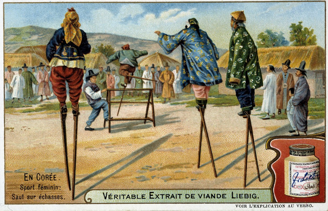Coree: naislaji puujalakalla hyppäämiseen - chromo Liébig, v.1900 tekijältä French School