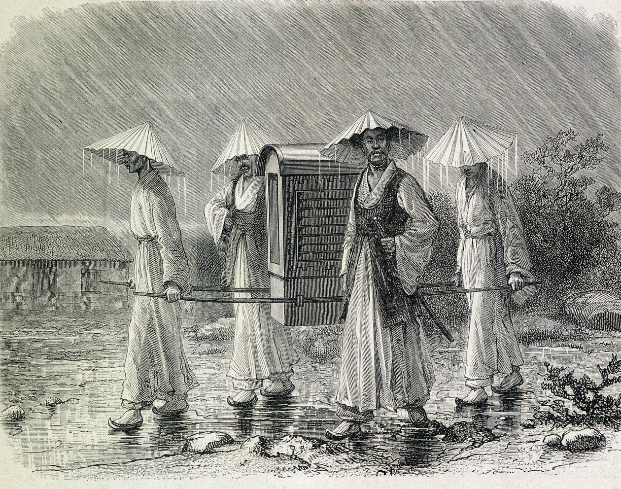 Coreens pukeutuu palanquiniin (coreensin sadepuku), jossa on tuoli. Kuvitus on peräisin entisen laivastoupseerin H. Zuberin "Korearetki" (1866) - julkaisusta "Tour du Monde". tekijältä French School