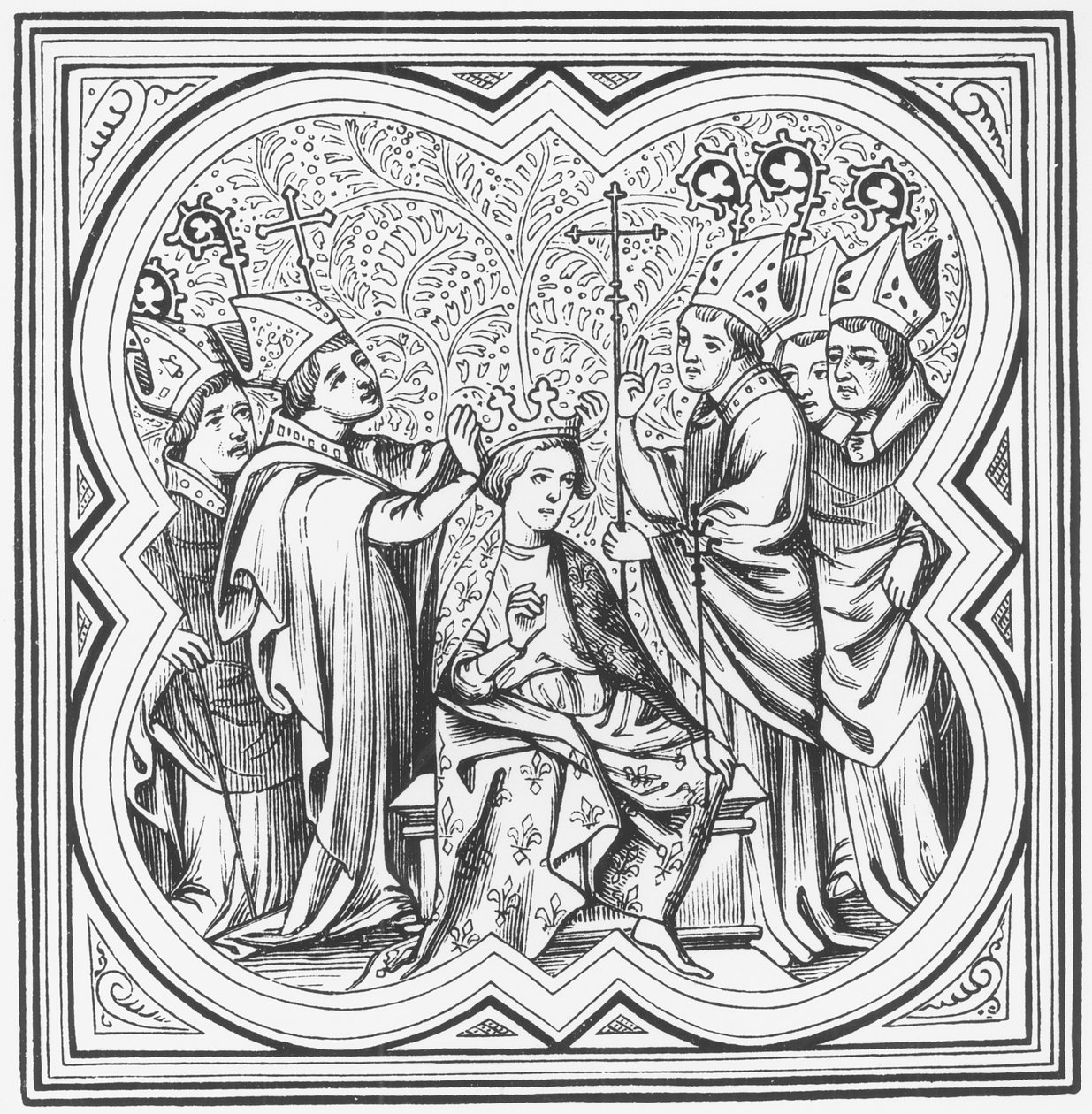 Kaarle Suuren kruunaus (742-814) St. Denisin Chronicles -kirjan pienoismallin jälkeen tekijältä French School
