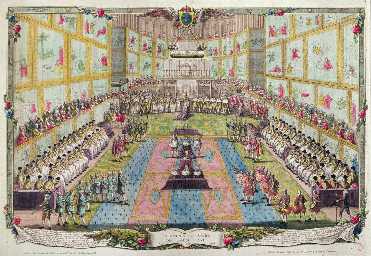Ludvig XVI:n kruunaus Reimsin katedraalissa 11. kesäkuuta 1775 tekijältä French School