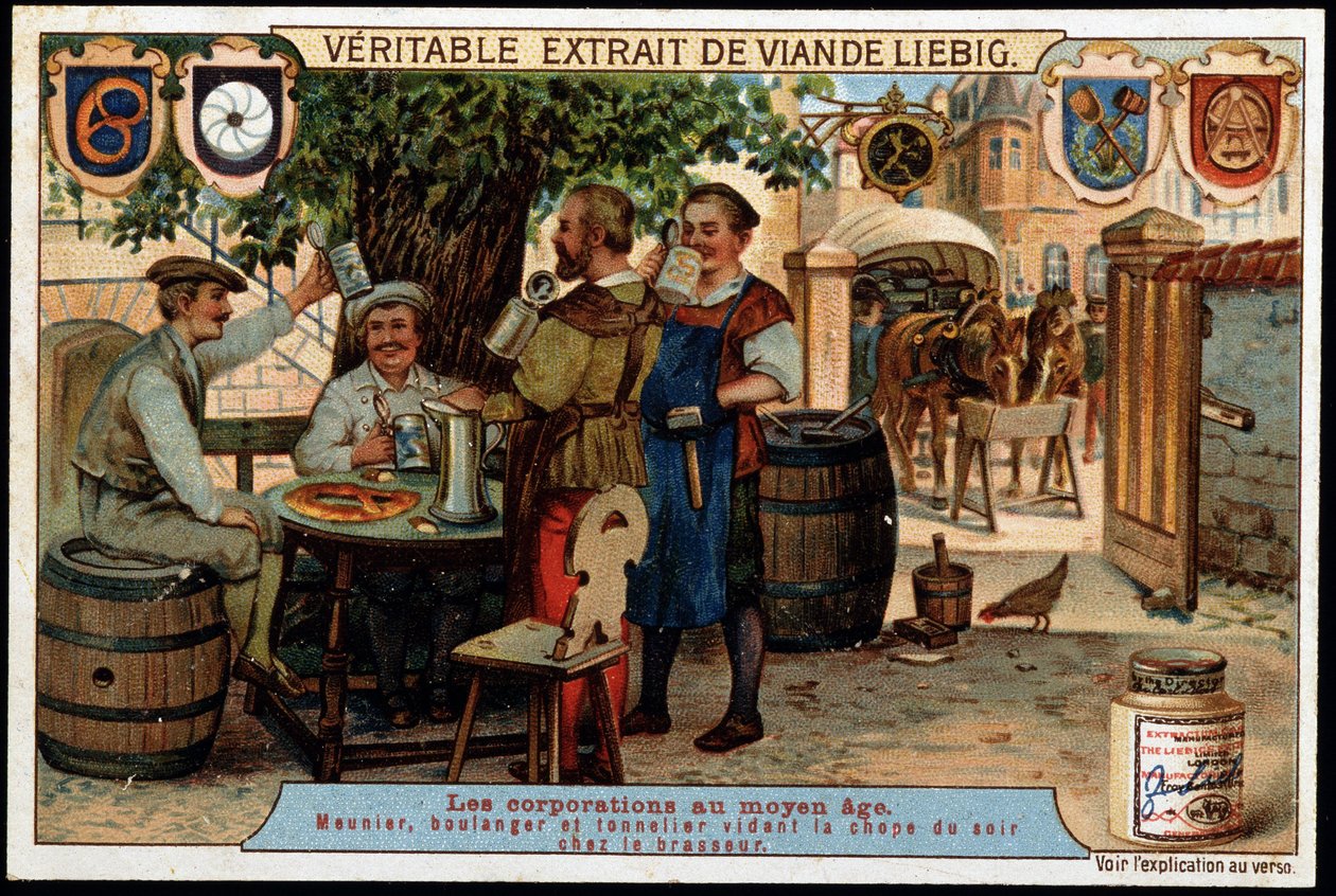 Yritykset keskiajalla (keskiajalla): mylly, leipuri ja cooperman tyhjentämässä iltamukia panimon talossa. 1800-luvun lopun liebig-kromolitografia. tekijältä French School