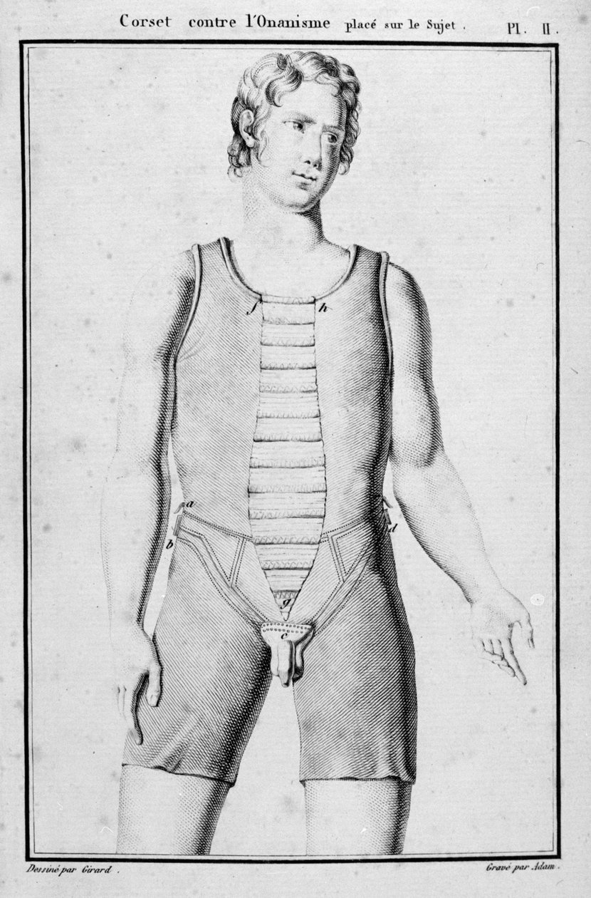Korsetti onanismin estämiseksi, kuvitus Traite des bandages et devices:sta J.B.J. Thillaye, Pariisi, julkaistu 1815 tekijältä French School