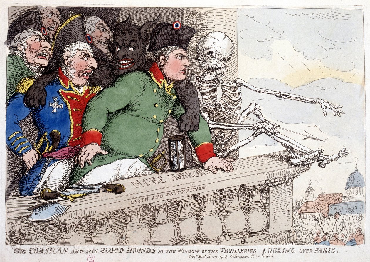 Korsika ja sen verenhimoinen katse Pariisiin Tuileriesin ikkunasta - teoksessa "Napoleon I", karikatyyrejä, nukkekokoelma, n. 1814-1815. tekijältä French School