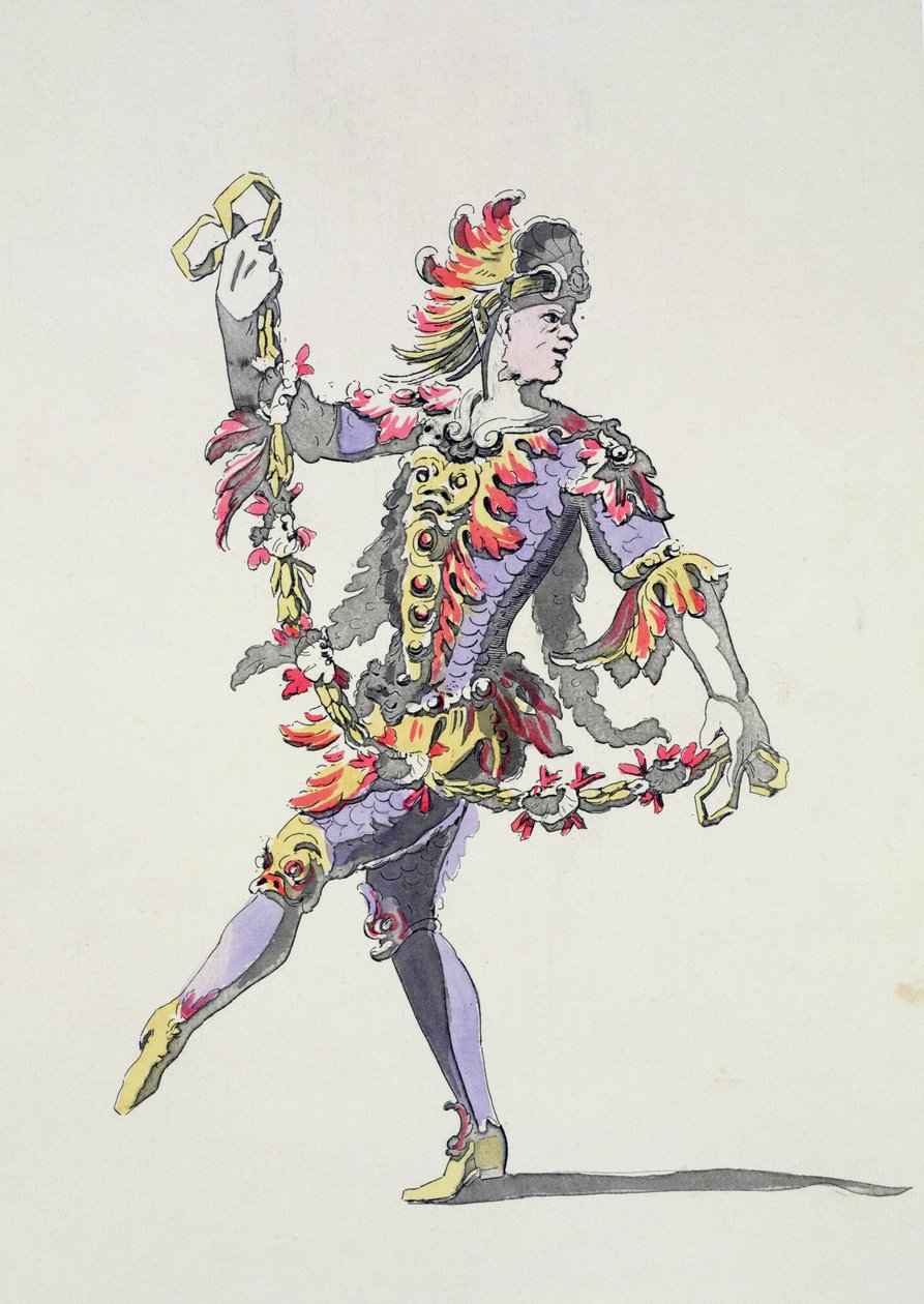 Pukusuunnittelu Tritonille, 1600-luvun baletissa, Menus Plaisirs -kokoelmasta, faksimile A. Guillaumot Fils (värikaiverrus) tekijältä French School