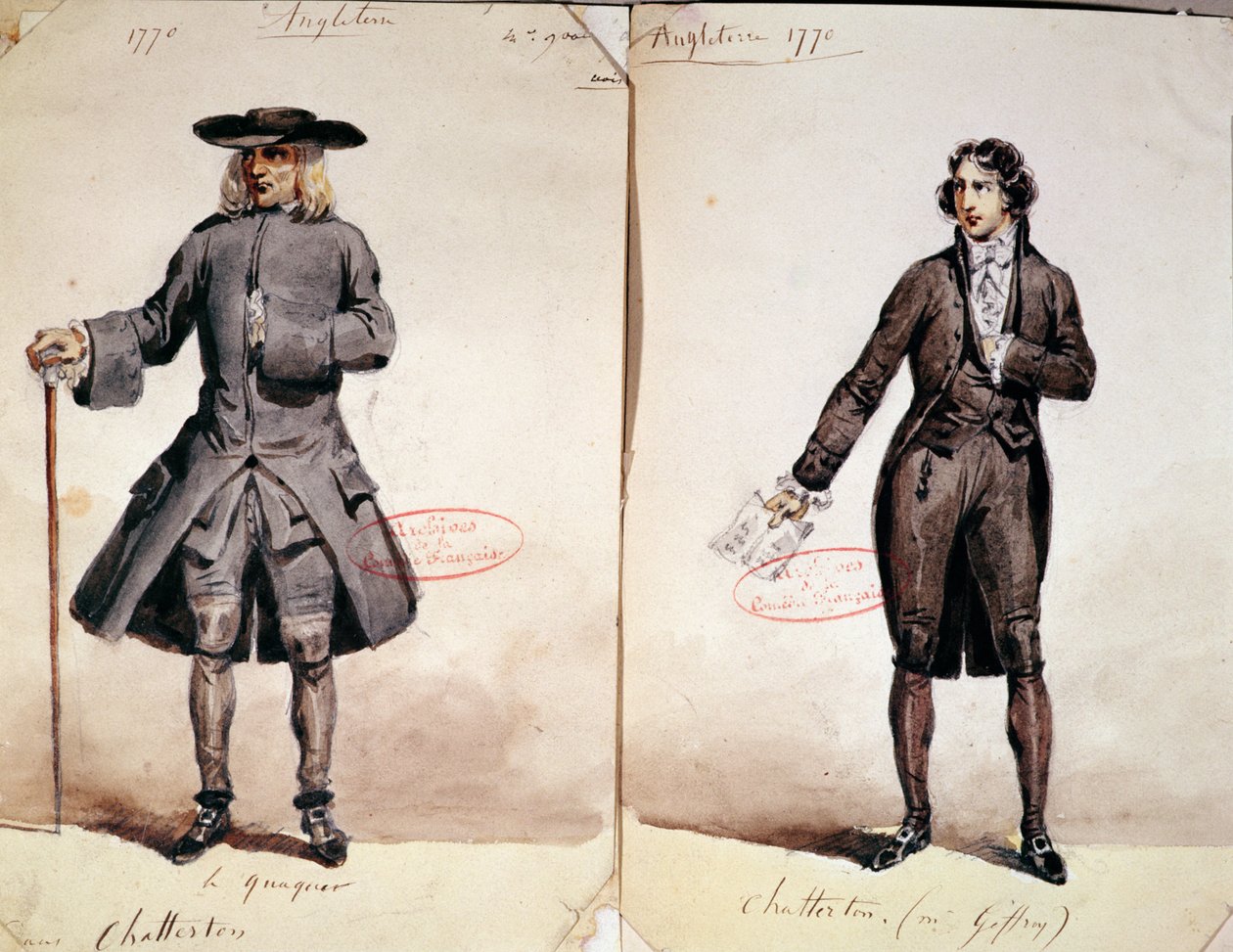 Pukusuunnittelu Alfred de Vignyn (1791-1863) Chattertonin ensimmäiseen tuotantoon: Quaker ja Geffroy Chattertonina, 1835 (wc paperilla) tekijältä French School