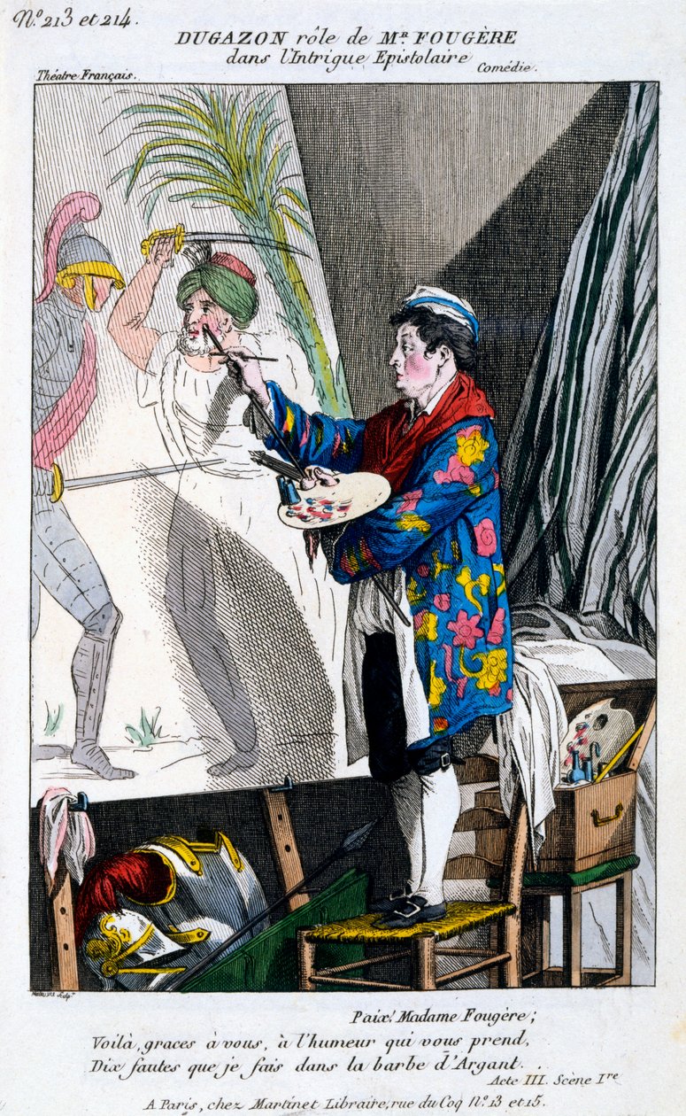 Puku Dugazonille monsieur Fougèren roolissa LIntrigue Epistolairessa, Petite Galerie Dramatiquesta, julkaistu 1796 tekijältä French School