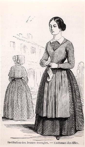 Puku tytöille Nuorten sokeiden instituutissa, Edmond Texierin "Tableau de Paris", julkaistu vuonna 1852 (kaiverrus) (m/v kuva) tekijältä French School