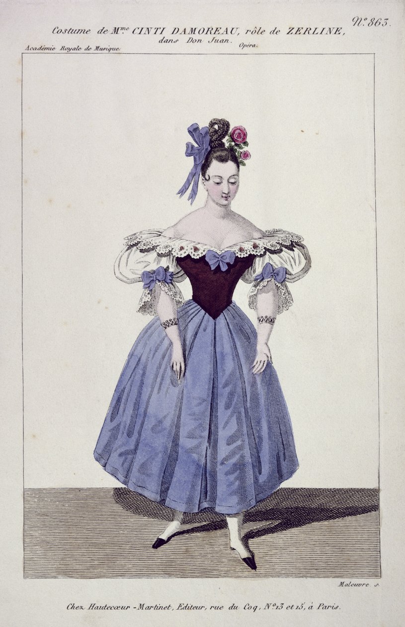 Puku Madame Cinti Damoreaulle Zerlinan roolissa Don Giovannissa, kaiverrus Maleuvre, painatus Hautecoeur-Martinet tekijältä French School