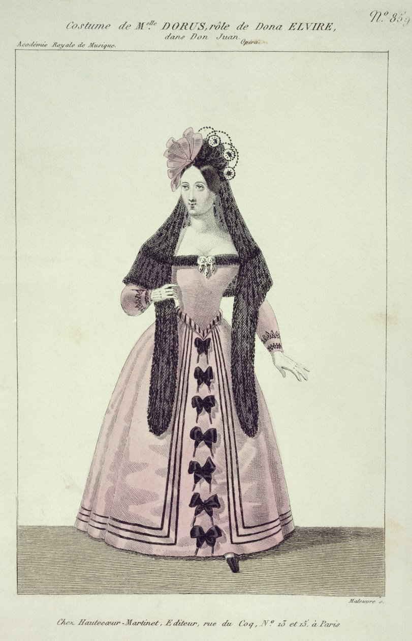 Puku Mademoiselle Dorukselle Donna Elviran roolissa Don Giovannissa, kaiverrus Maleuvre, painatus Hautecoeur-Martinet tekijältä French School