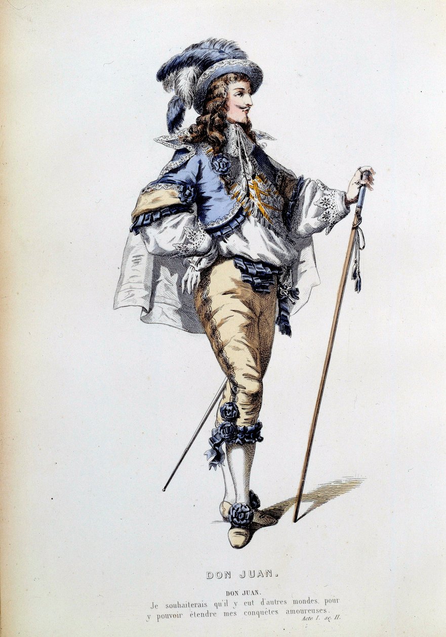 Puku Don Juanin hahmolle Jean Baptiste Poquelin dit Molieren (1622-1673) homonyymisen teoksen I näytöksen 2. kohtauksessa. Kaiverrus 1800-luvun Pariisista, Comedie francaise tekijältä French School