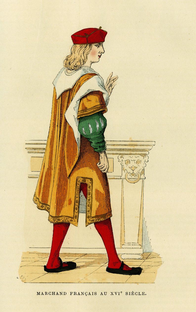 Ranskalaisen kauppiaan asu 1600-luvulla.Värikaiverrus, teoksessa "France et les francais a travers les centuries", Augustin Challamel, F.Roy, Pariisi 1882. Selvan kokoelma. tekijältä French School