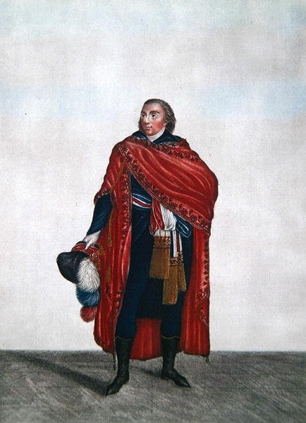 Kansan edustajan puku Directorire-kaudella, n. 1797 (värikaiverrus) tekijältä French School