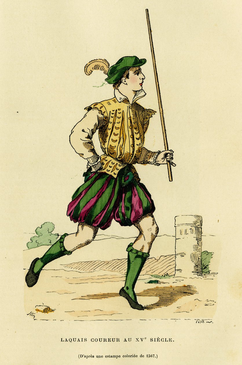 Lajijuoksijan puku 1400-luvulla, juoksemisesta vaunujen edessä vapauttamaan tietä ja ilmoittamaan aatelisen tai herran matkasta. Värikaiverrus, teoksessa "France et les francais a travers les centuries", kirjoittanut Augustin Challamel, F. Roy toim. tekijältä French School
