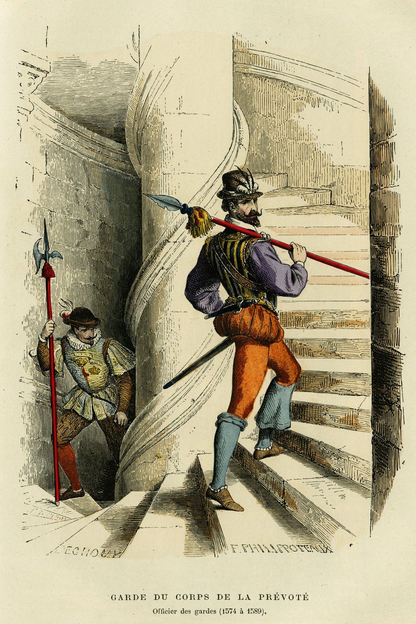 Ennakkoäänestyksen henkivartijan puku, jota seuraa vartijan upseeri (1574–1589). Värikaiverrus, teoksessa "France et les francais a travers les siecles" Augustin Challamel, F.Royn toimittaja, Paris 1882. Selva Collection. tekijältä French School