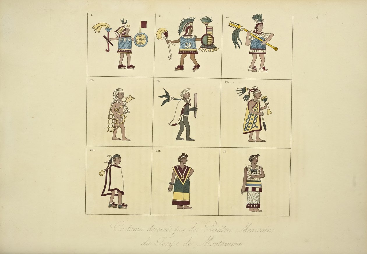 Montezuman aikaisten meksikolaisten maalareiden suunnittelemat puvut, kuvitus Alexander von Humboldtin ja Aime Bonplandin Cordillera-näkymistä ja Amerikan alkuperäiskansojen monumenteista, 1 tekijältä French School