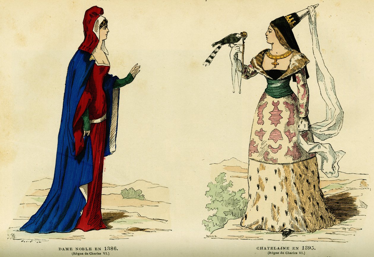 Aatelisneidon puvut vuonna 1386 ja chatelaisen puvut vuonna 1395 (Kaarle VII:n hallituskausi 1403-1461). Värikaiverrus, teoksessa "France et les francais a travers les centuries" (Ranska ja ranskalaiset vuosisatojen kuluessa), Augustin Challamel, F.Roy, Pa tekijältä French School