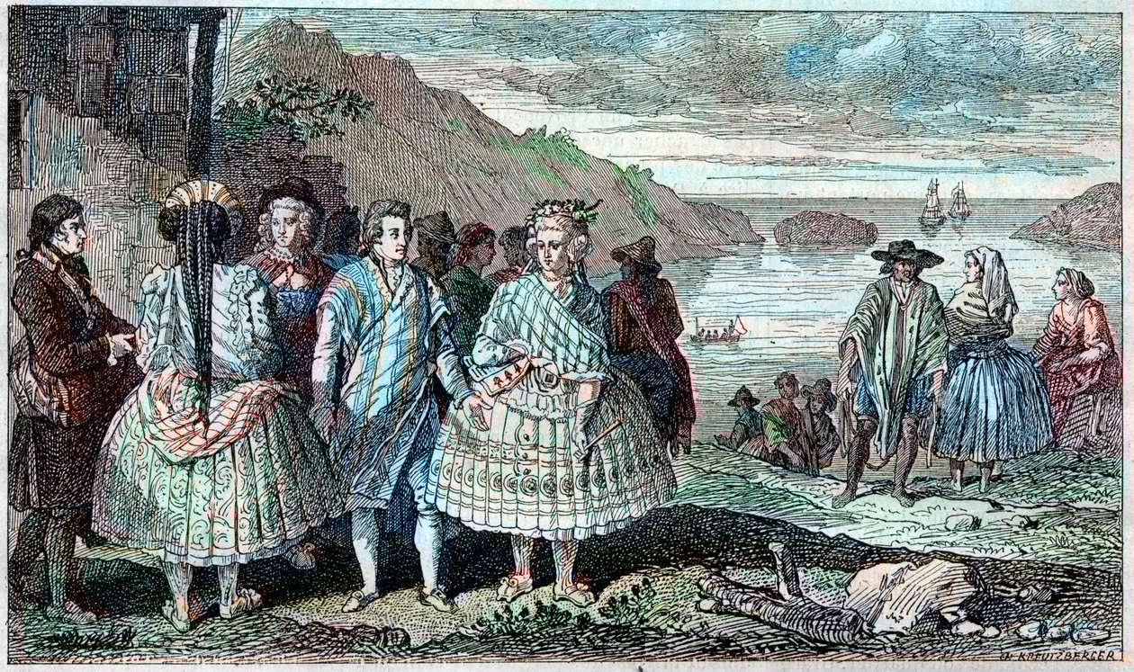 La Conceptionin (Chile) asukkaiden puvut - Atlas du Voyage de La Perouse (Laperouse) ympäri maailmaa vuosina 1785-1788, Pariisi 1797. tekijältä French School
