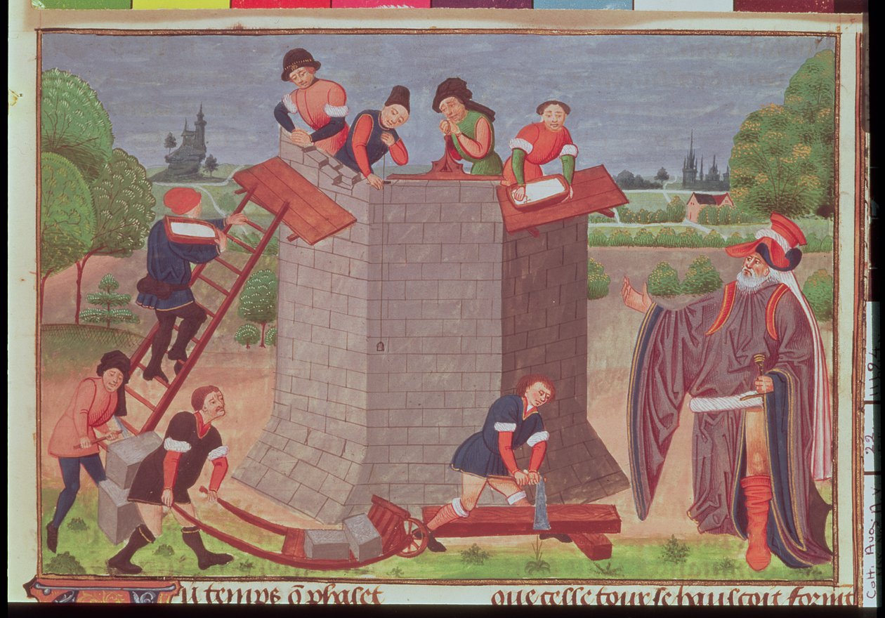 Cott elokuu V k. 22 Baabelin tornin rakentaminen, pienoismalli "Le Tresor des Histoires" (vellum) tekijältä French School