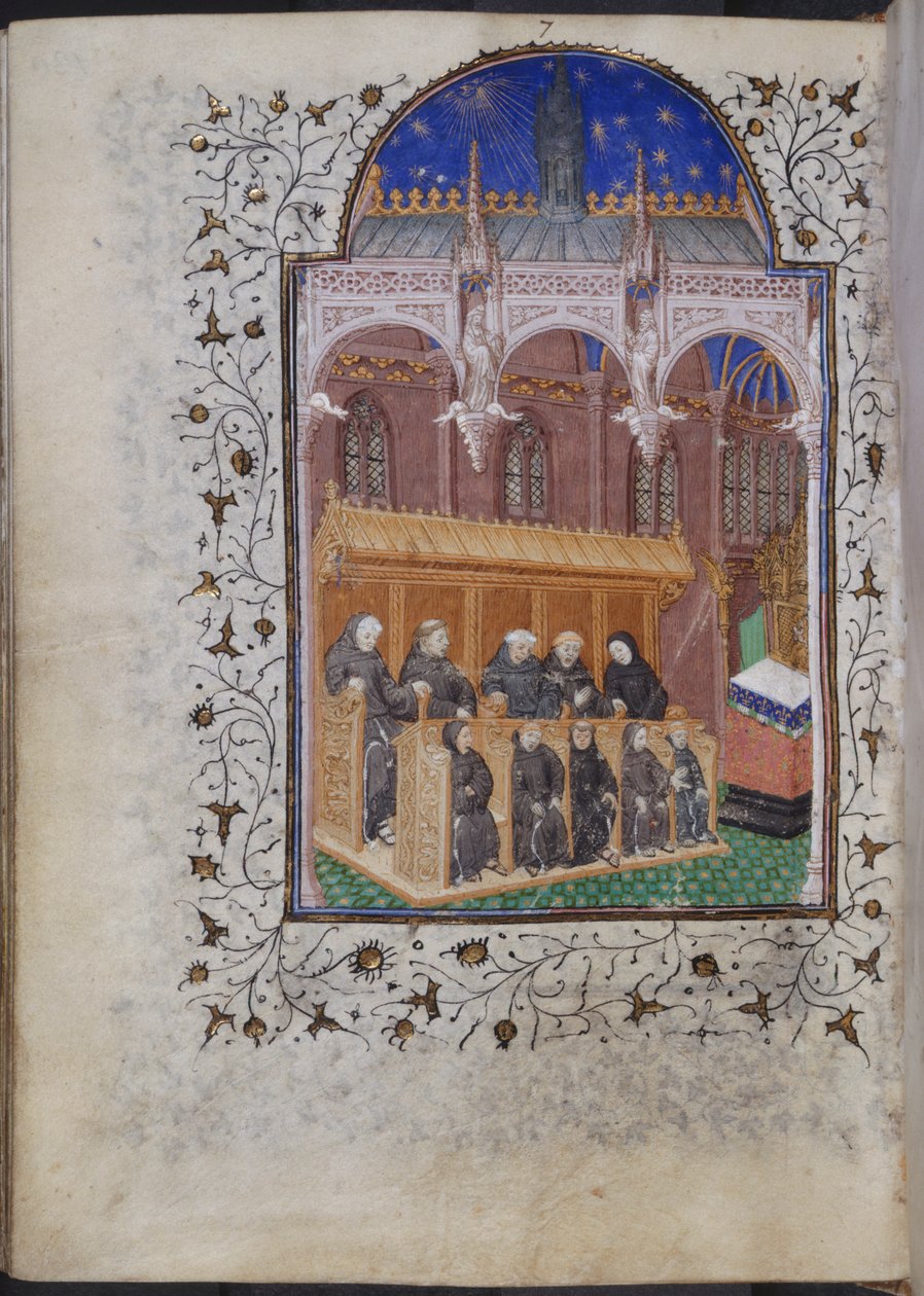 Cott Dom A XVII f.122v Mustavaatteiset veljet laulamassa kuorossa, Henrik VI:n psalteri, Pariisi, n. 1420 (vellum) tekijältä French School