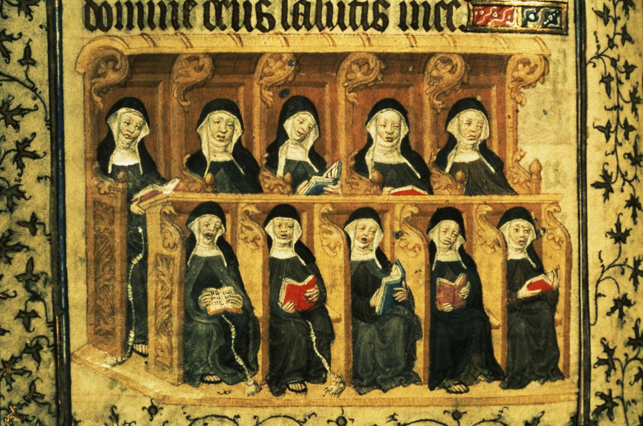 Cott Dom A XVII f.74v Nunnat kuorokopissa, Henrik VI:n psalteri, Pariisi tekijältä French School