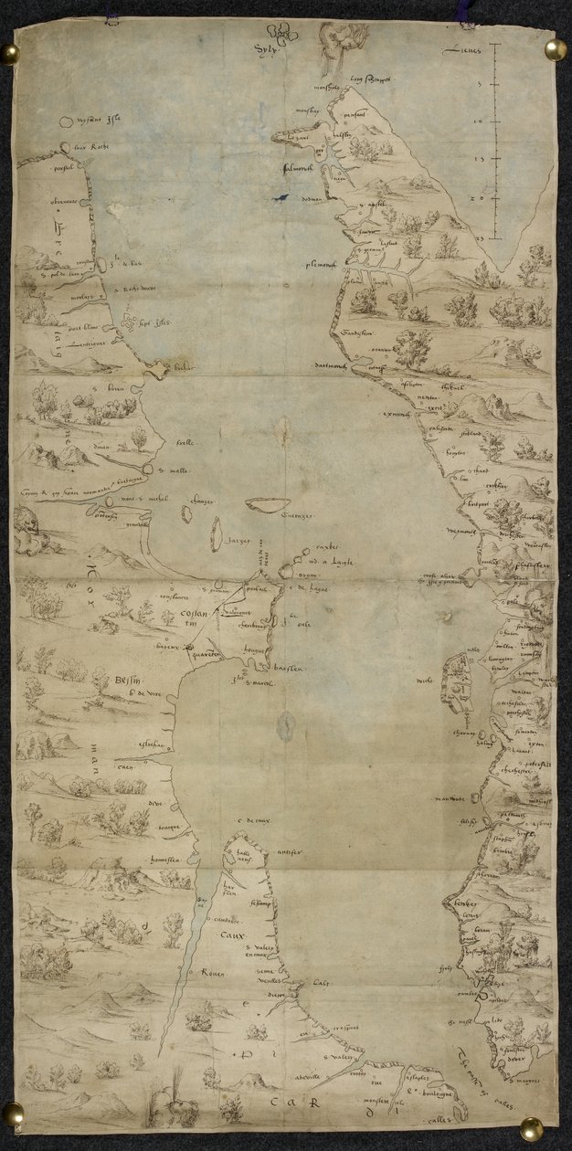 Cotton Augustus I ii f.65 Englannin kanaalin kartta (Englannin etelärannikko ja Ranskan pohjoisrannikko), kirjoittanut Jean Rotz tekijältä French School