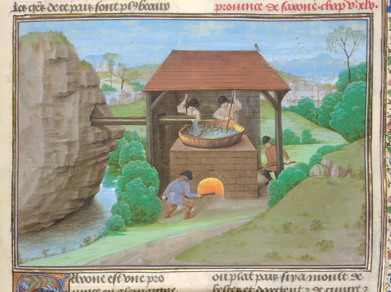 Puuvilla Augustus V, f.363 Suolavaja pannulla ja uunilla, kuvitus teoksesta "Le Tresor des Histoires..." (vellum) tekijältä French School