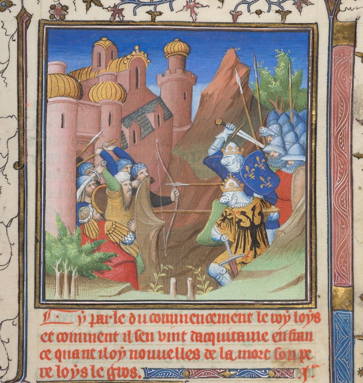 Cotton Nero E II pt.1, f.222, Ludvig VII:n ja hänen isänsä taistelu, Grandes Chroniques de Francesta tekijältä French School