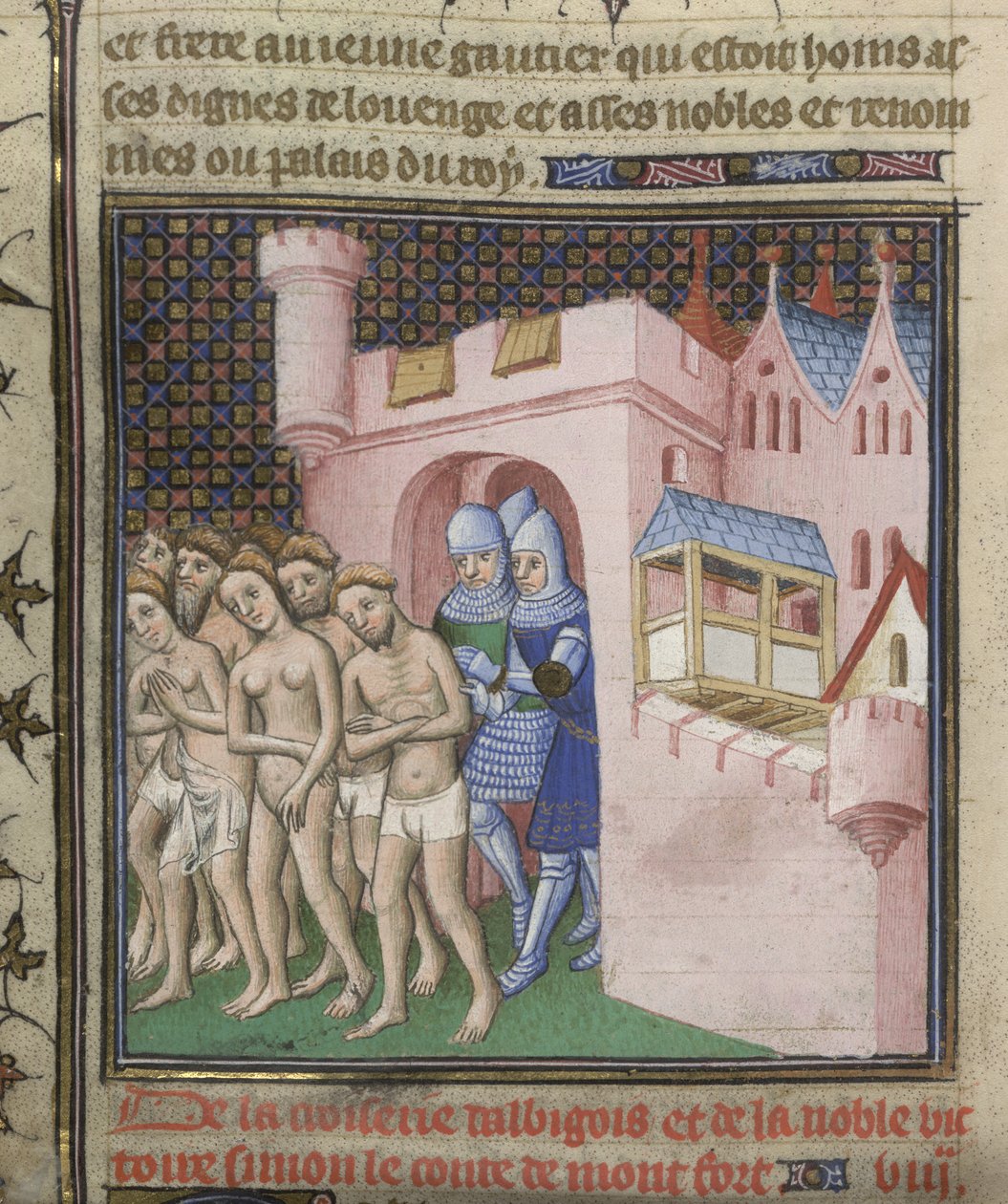Cotton Nero E. II pt.2, f.20v Albigensialaisten karkottaminen Carcassonesta vuonna 1209, Grandes Chroniques de Francesta, n. 1415 (muste, väri ja kulta paperille) tekijältä French School