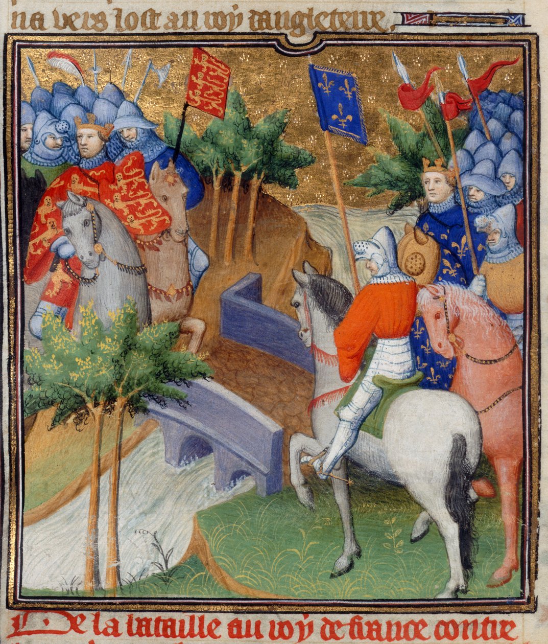 Cotton Nero E. II pt.2, f.40v Englanti ja Ranska sodassa, kuvitus teoksesta "Grandes Chroniques de France", n. 1415 (vellum) tekijältä French School
