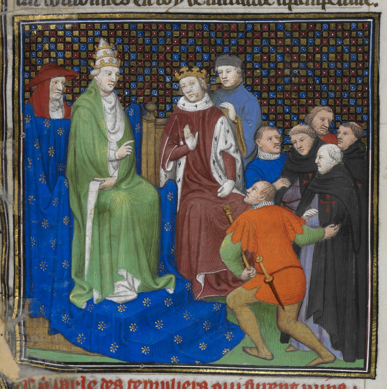 Cotton Nero E II pt2 fol.100v Temppelit ennen Philippe IV:tä (1268-1314) ja paavi Clement V:tä (n. 1260-1320), teoksesta "Grandes Chroniques de France" (vellum) tekijältä French School
