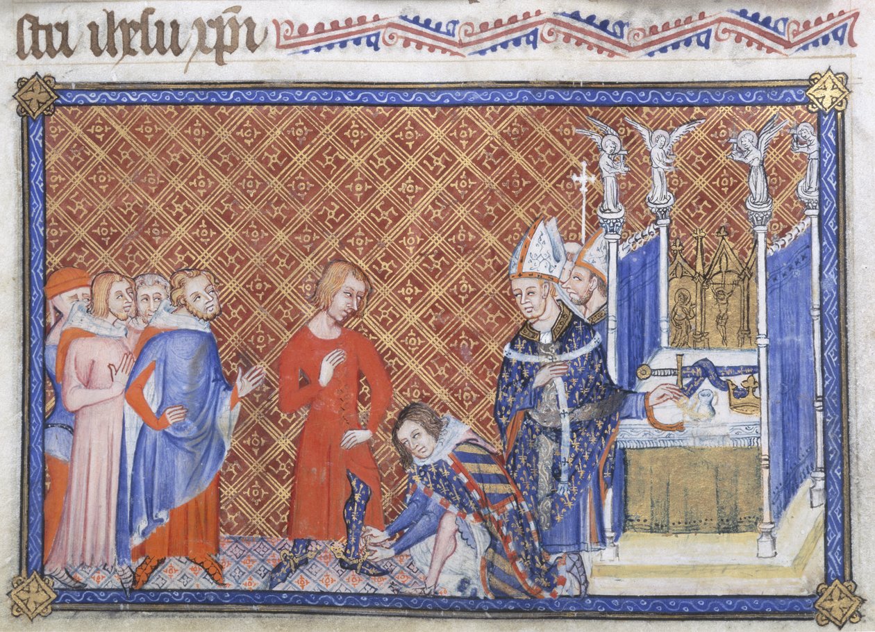 Puuvilla Tiberius B VIII f.48v Filippus Rohkea, Burgundin herttua pukee kuningas Kaarle V:n kannuksiin, kuvitus 