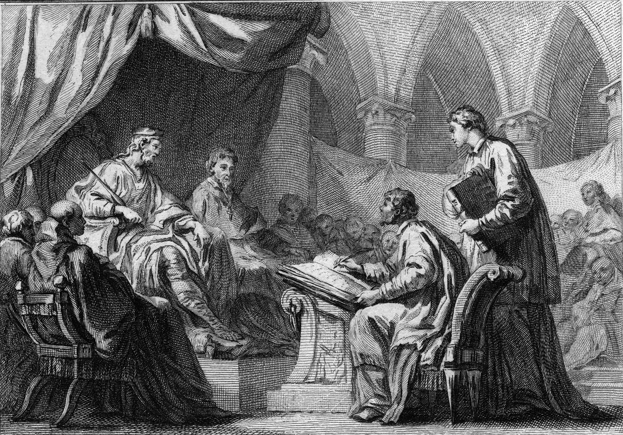 Orleansin kirkolliskokous, 511: Clovis I (466-511), frangien kuningas, osallistui kirkolliskokoukseen, joka loi yhteistyön Ranskan kuninkaiden ja katolisen kirkon välille. Kaiverrus 1700-luvulta. tekijältä French School