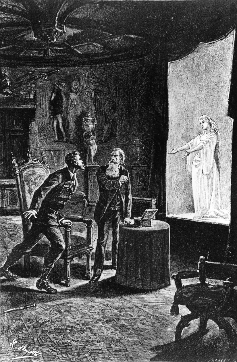 Kreivi Franz de Telek luulee näkevänsä entisen rakastajansa La Stillan, kuvitus Jules Vernen Karpaattien linnaan, julkaissut Hetzel, 1892 tekijältä French School