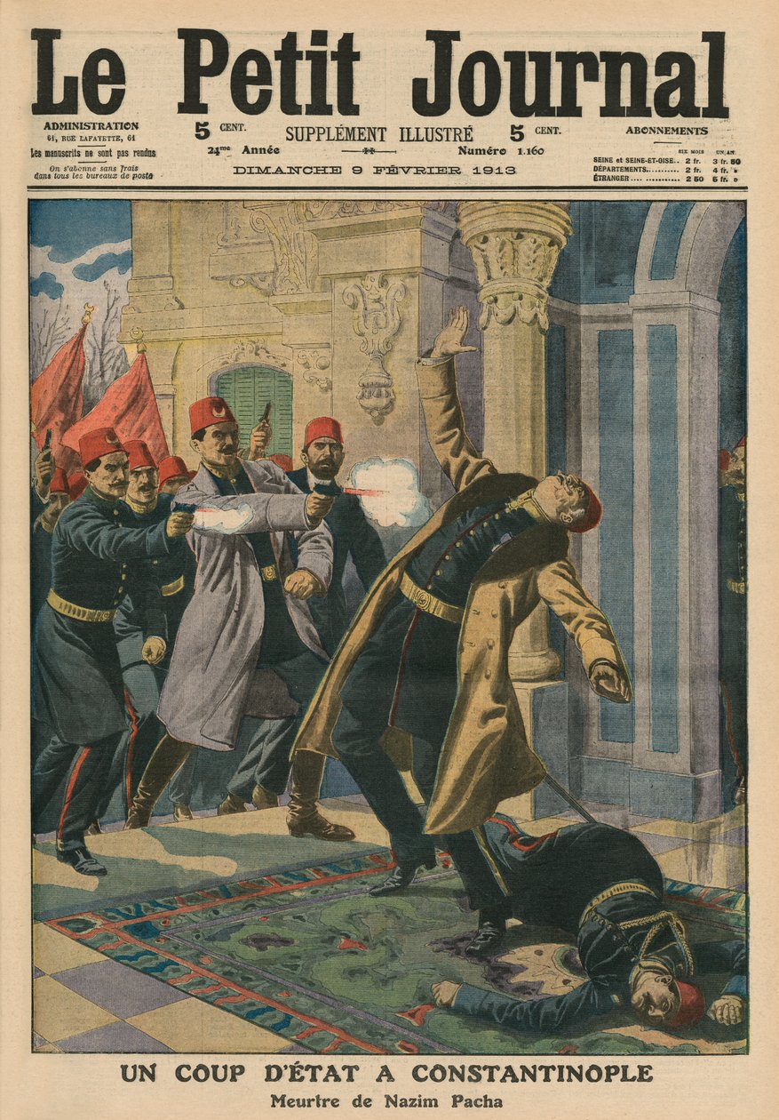 Vallankaappaus Konstantinopolissa, Nazim Pashan murha, etukannen kuvitus "Le Petit Journalista", liitekuva, 9. helmikuuta 1913 tekijältä French School