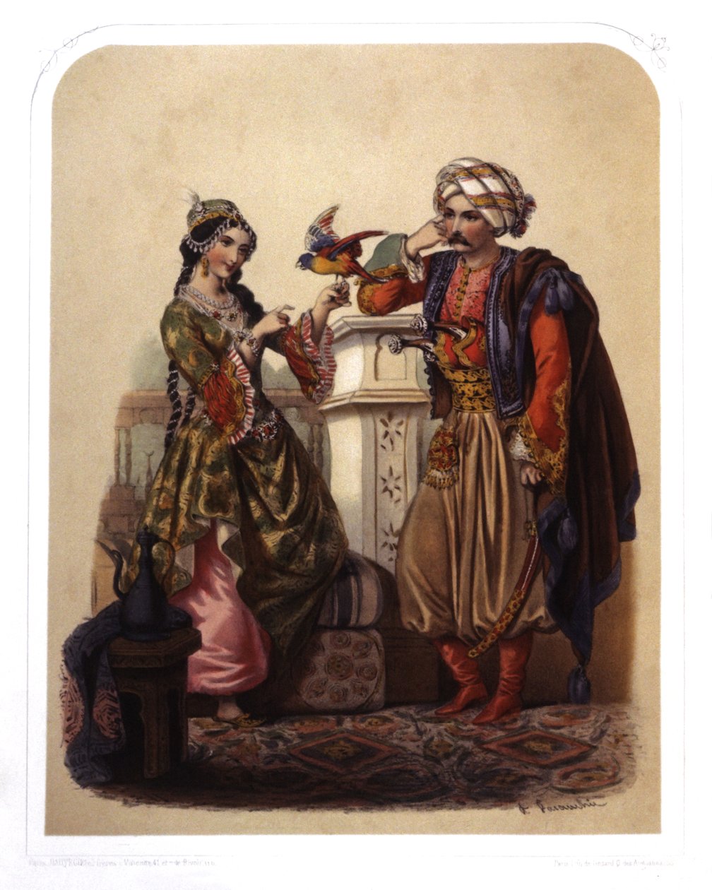 Pariskunta Turkissa, noin 1850 (litografia) tekijältä French School