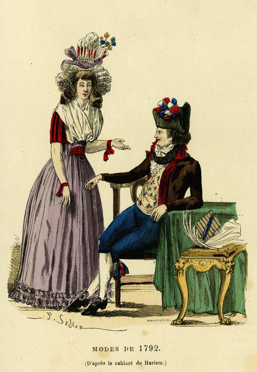 Pari muotia vuodelta 1792. Värikaiverrus Harlemin kaapin piirustuksen jälkeen, teoksessa "France et les francais a travers les siecles" Augustin Challamel, F.Royn toimittaja, Paris 1882. Selva Collection. tekijältä French School