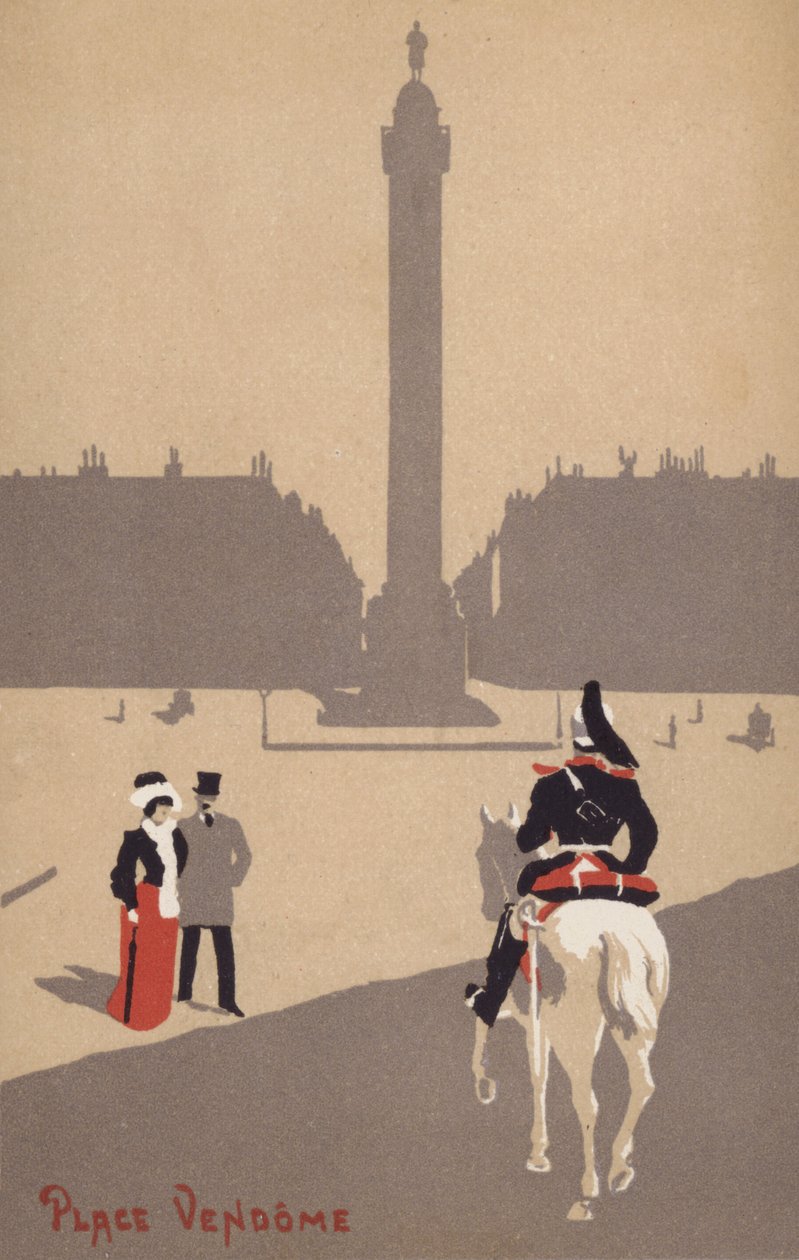 Pariskunta katselee ratsastavaa ranskalaista ratsuväen sotilasta Place Vendomella, Pariisissa Ranskassa (värilitografia). tekijältä French School