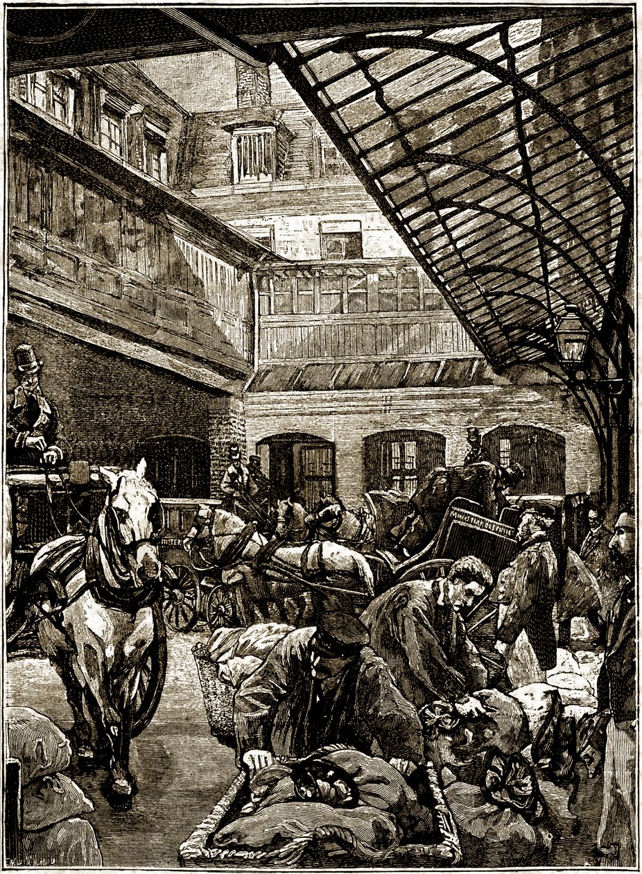 Postisäkkien uudelleenlastauspiha Hotel des Postesissa Pariisissa 1800-luvun puolivälissä. tekijältä French School