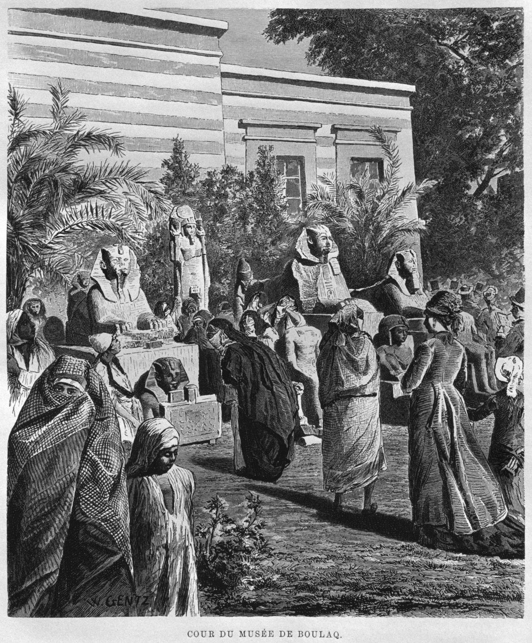 Museon sisäpiha, Bulaq, Georg Moritz Ebersin LEgypte (1837-98), 1881 (bw-kaiverrus) tekijältä French School