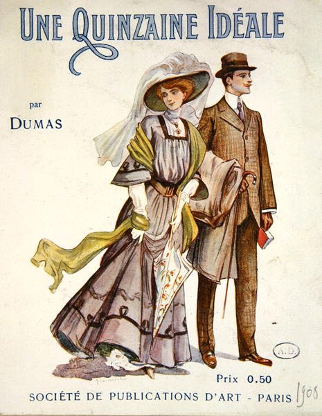 Kansi Alexandre Dumasin (1824-95) romaanille "Une Quinzaine Ideale" 1908 (värilitho) tekijältä French School
