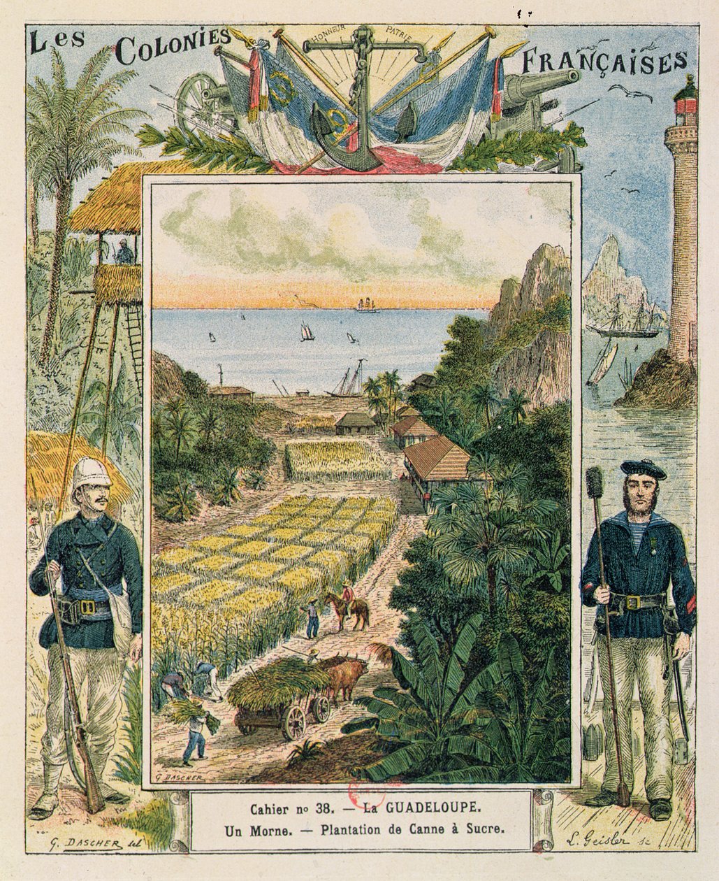 Kansi koulun harjoituskirjalle, joka kuvaa sokeriruokoviljelmää Guadeloupessa, 1892 tekijältä French School