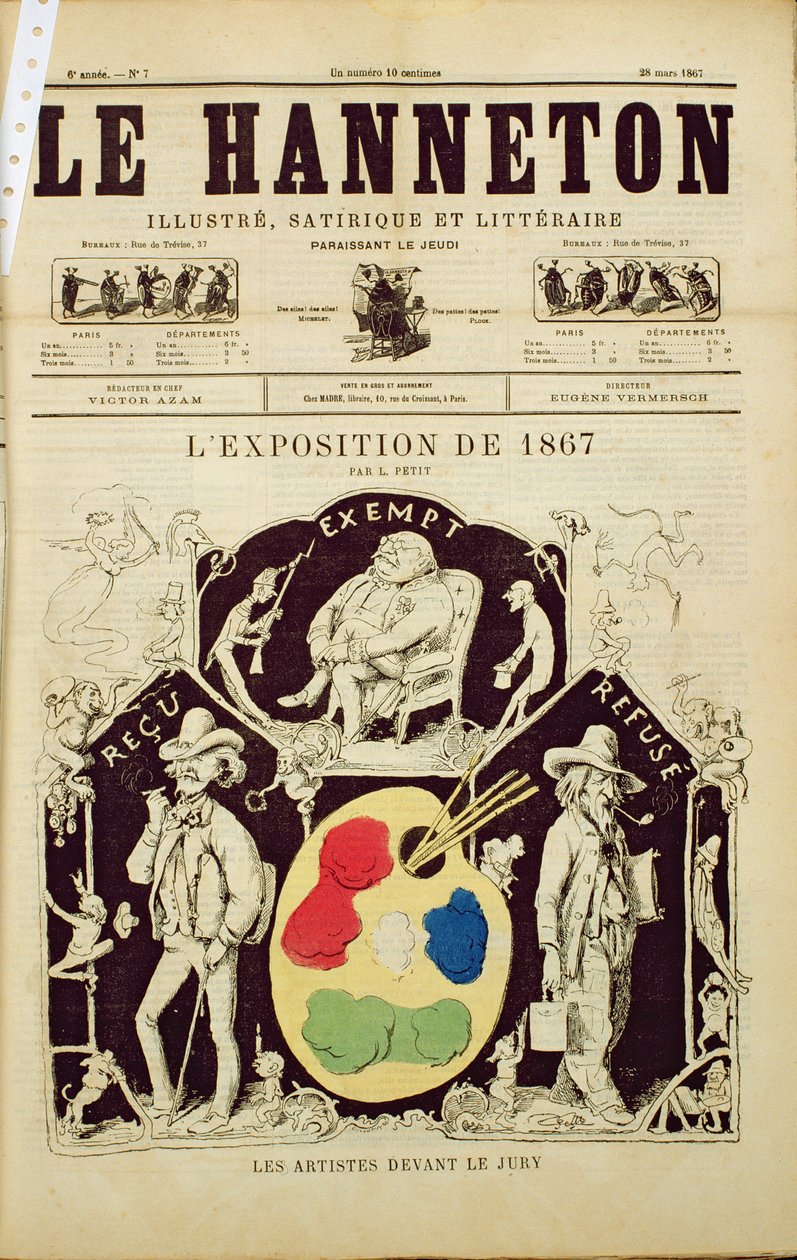Le Hannetonin kansikuva, joka kuvaa Taiteilijat tuomariston edessä vuoden 1867 näyttelyssä, 28. maaliskuuta 1867 tekijältä French School