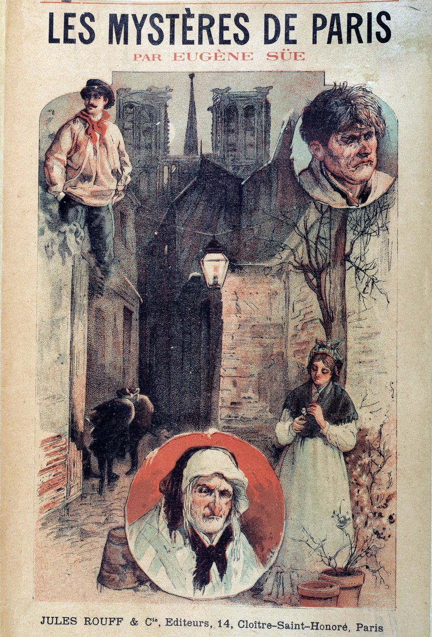 Eugene Suen (1804-1857) "" Les mysteres de Paris" -kirjan kansi, näkymät pariisilaiselle kujalle ja hahmoihin tekijältä French School