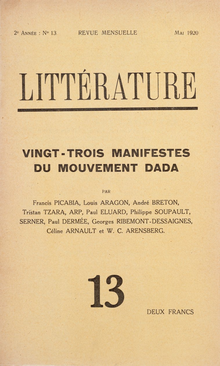 Cover of Literature kuukausittainen kirjallisuuslehti, joka on omistettu Dada-liikkeelle, toukokuu 1920 tekijältä French School