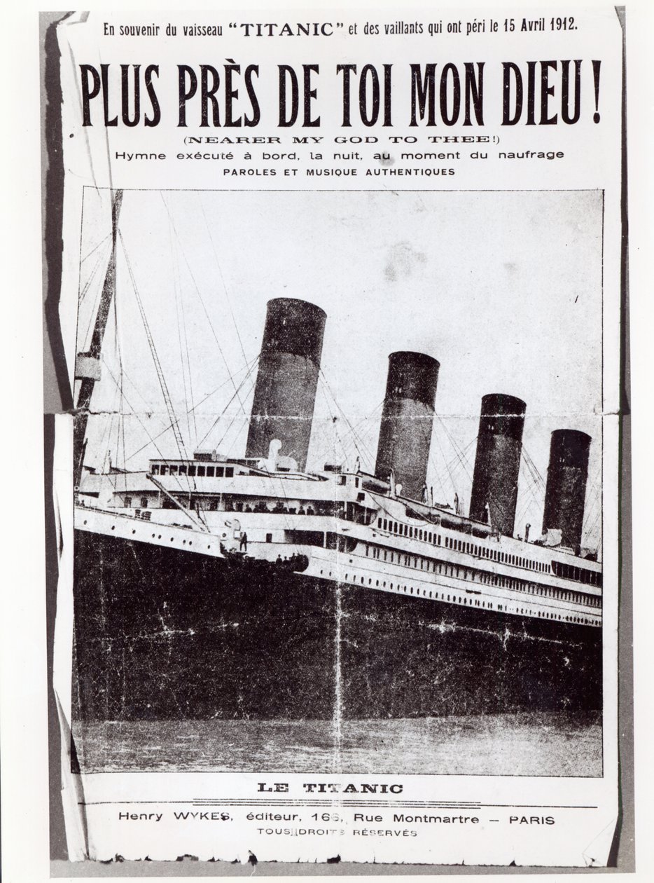 Kansikappale Titanicin matkustajien laulamalle Hymnille Nearer My God to You, 1912 sen haaksirikon ja uppoamisen aikana tekijältä French School