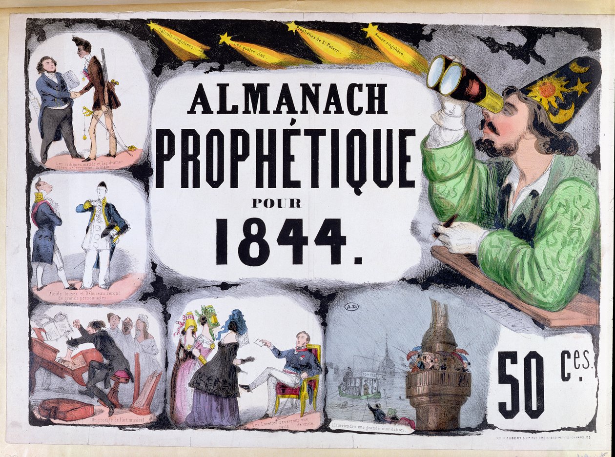 Profeetallisen almanakan kansi, joka kuvaa Nostradamust (1503-66) 1844 tekijältä French School