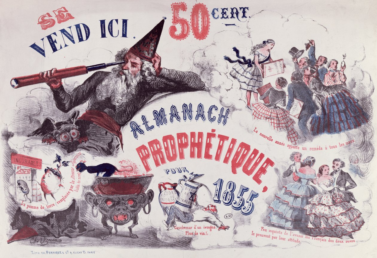 Nostradamusta kuvaavan profeetallisen almanakan kansi, 1855 tekijältä French School