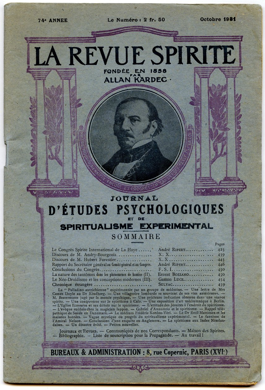 Kansi numerosta "" La revue spirite ", muotokuva perustaja Allan Kardec, aikakauslehti lokakuussa 1931 tekijältä French School