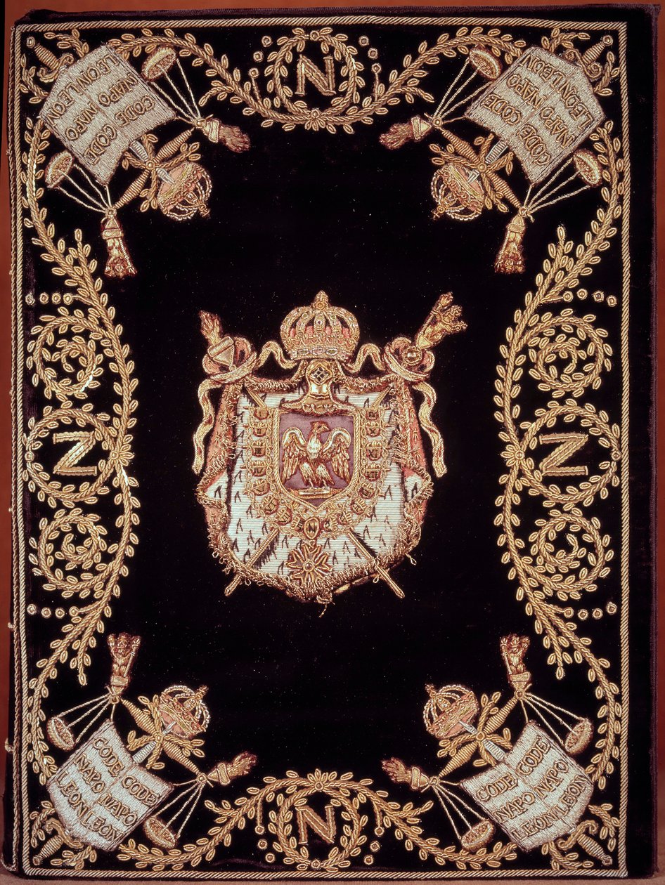Kansi yhdestä kahdestatoista alkuperäisestä "Code civil des francais" -julkaisusta, jonka Napoleon Bonaparte julkaisi 21.3.1804. Se on sidottu kultaa ja hopeaa olevaan samettikirjontaan, jossa on oikeudenmukaisuuden tunnus ja keisarin käsivarret. Ranskan k tekijältä French School